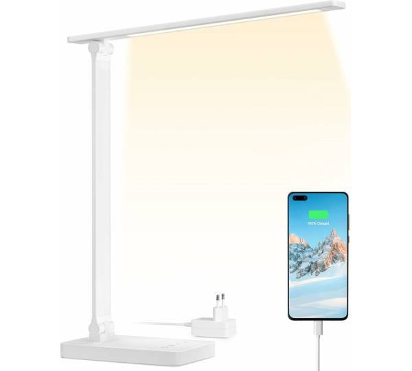 Minimalistyczna biurkowa lampka LED Lepro ściemniana biała
