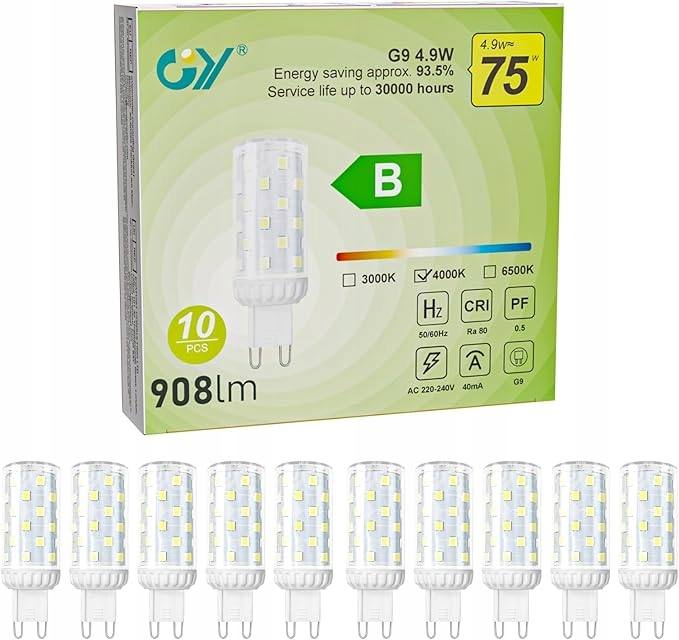 Żarówki LED G9 GY 4,9W 908lm neutralna biel 4000K zestaw 10 sztuk