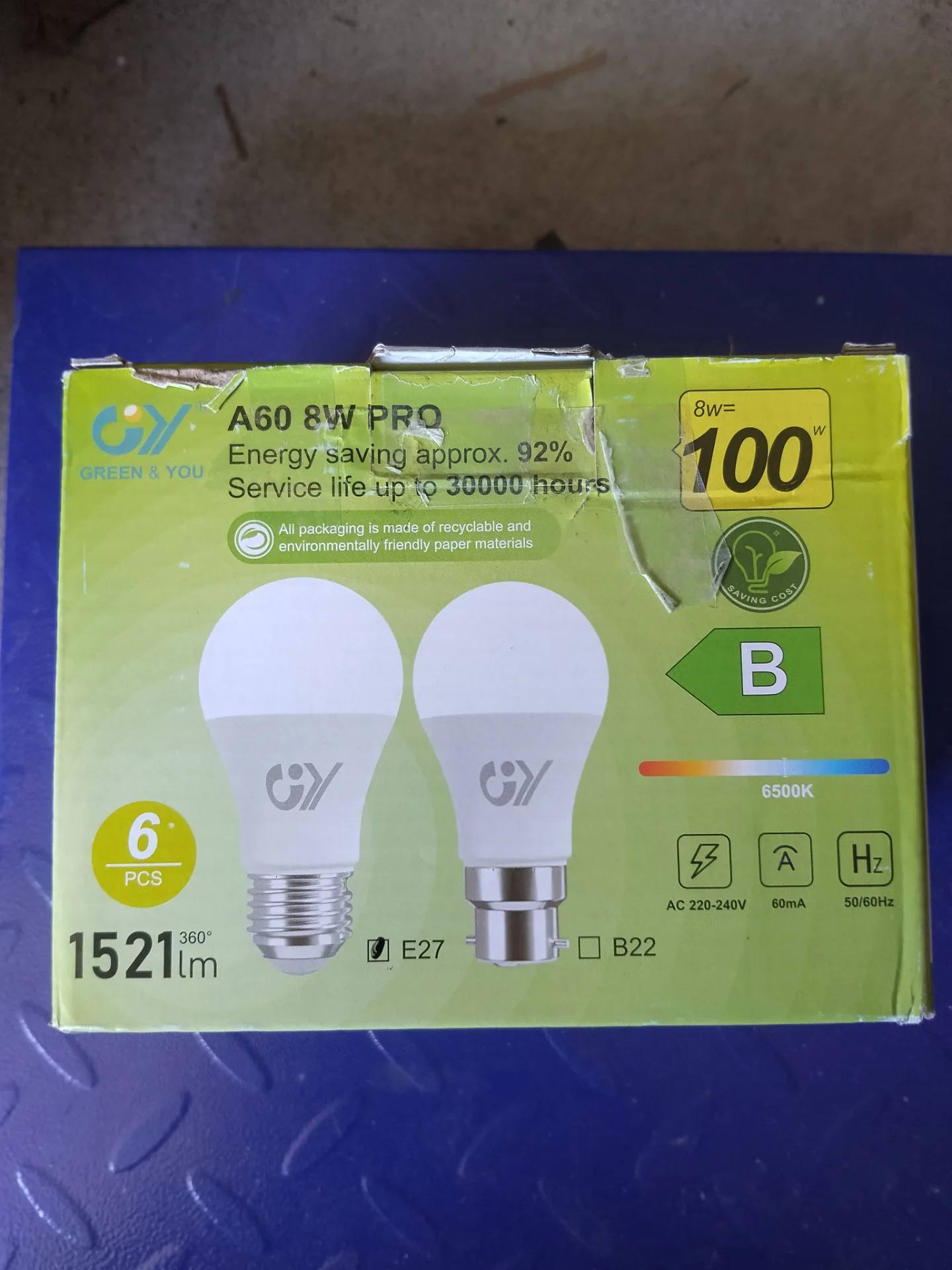 Żarówki LED E27 GY A60 8W 1521lm Klasa B Zimna Biel Zestaw 6 szt.