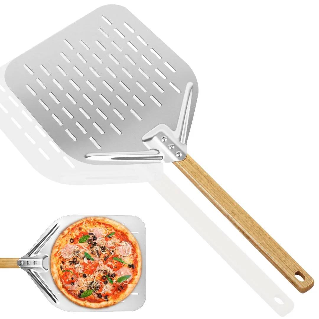 Perforowana łopata do pizzy z drewnianą rękojeścią, aluminiowa