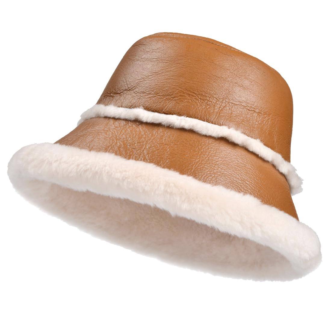 Zimowy kapelusz skórzany bucket Harssidanzar kożuch camel, rozm. S