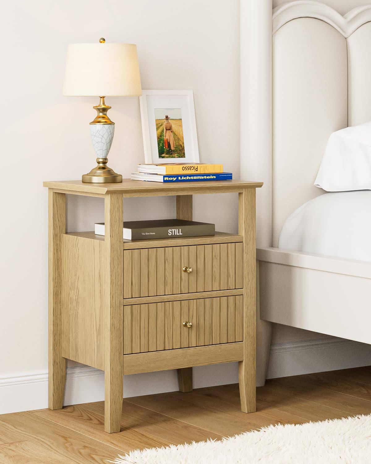Stolik nocny HEYZOEY HZ2120 dąb miodowy 2 szuflady boho retro